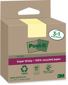 Post-it Super Sticky Notes Recycled, 70 vel, ft 76 x 76 mm, geel, 3 + 1 GRATIS