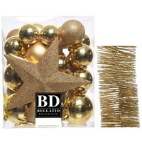 Kerstversiering kerstballen 5-6-8 cm met ster piek en glitter slingers pakket goud van 35x stuks