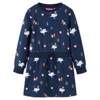 Kinderjurk met lange mouwen zwanenprint 140 marineblauw