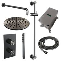 Regendoucheset Inbouw Brauer Gunmetal Carving Thermostatisch 30 cm met 3-Weg Omstelling, Gebogen Wandarm, Glijstang en Staaf Handdouche Geborsteld