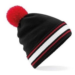 Zwart/rood met witte beanie muts met pompon voor heren