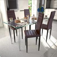 vidaXL Eetkamerset 4 bruine slim line stoelen en 1 glazen tafel