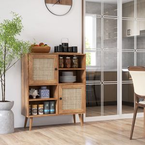 Rieten Buffetkast Boho Bijzetkast met 4 Cubes en 2 Gedecoreerde Rieten Deuren Moderne Midden Eeuw Buffetkast Natuurlijk