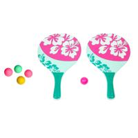 Strand Beachball set - hout - roze - strand sport speelset - met 5x balletjes