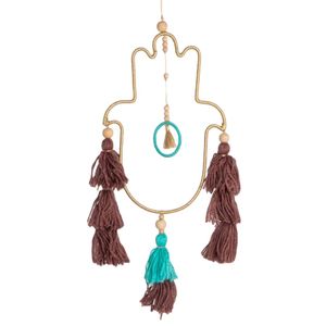 Handgemaakte Macramé Hanger - Hamsa Hand Goudkleurig - Bescherming (43 cm)