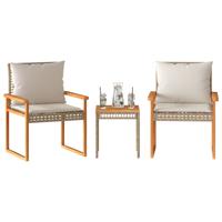 3-delige Bistroset en kussens poly rattan en hout gemengd beige - thumbnail