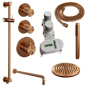 Regendoucheset Inbouw Brauer Copper Carving Thermostatisch 20 cm met Gebogen Wandarm, Glijstang en Handdouche Staaf Losse Stopkranen Geborsteld Koper