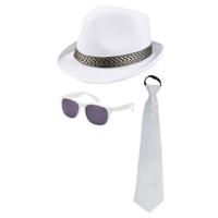 Carnaval verkleedset Men in white - hoed/bril/stropdas - wit - heren/dames - verkleedkleding - thumbnail