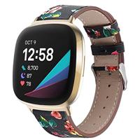 By Qubix - Compatible met Fitbit Versa 3/4 & Sense 1/2 leren bandje - Bloemenprint - Compatible fitbit bandje