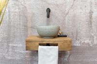 Saniclear Seba fonteinset met bruin eiken plank, grijze terrazzo waskom en zwarte kraan voor in het toilet - thumbnail