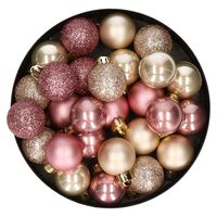 28x stuks kunststof kerstballen parel/champagne en oudroze mix 3 cm   -