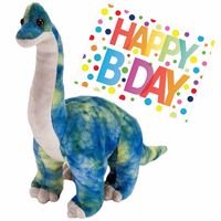 Pluche knuffel Dino Brachiosaurus van 25 cm met A5-size Happy Birthday wenskaart - thumbnail