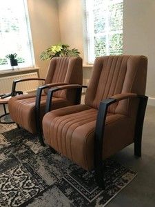 Set van 2 leren fauteuils met stalen frame - bruin leer - Echt leer, Industrieel, ontdek de vele Leersoorten en Kleuren bij ShopX