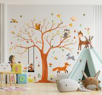 Herfst boom met dieren Muursticker kinderkamer - thumbnail