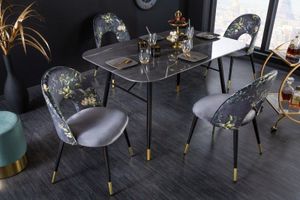 Design stoel PRET-A-PORTER grijs fluweel bloemmotief en gouden voetdoppen - 41703