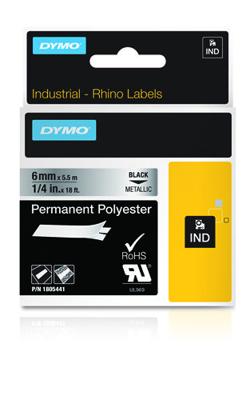 Dymo RHINO permanente polyester tape 6 mm, zwart op metaal