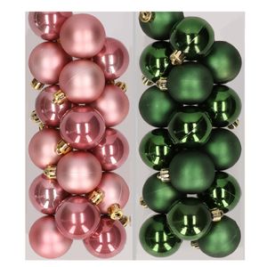 32x stuks kunststof kerstballen mix van oudroze en donkergroen 4 cm   -