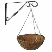 Hanging basket 35 cm met klassieke muurhaak grijs en kokos inlegvel - metaal - complete hangmand set - thumbnail