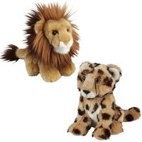 Knuffeldieren set leeuw en cheetah luipaard pluche knuffels 18 cm - thumbnail