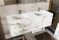 Badkamermeubel Kivi Hangend 150x47x45cm Porcelenato Solid Surface Wastafel 2 Kraangaten Dubbel met 4 Lades