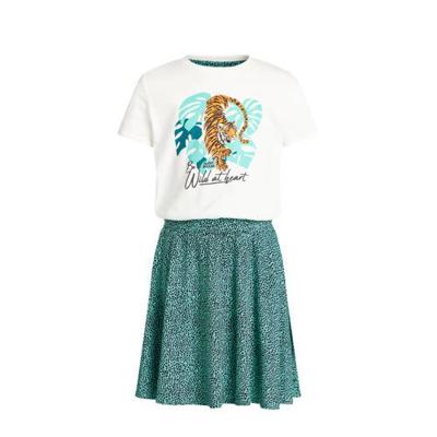 WE Fashion jurk met all over print en plooien groen/wit/zwart