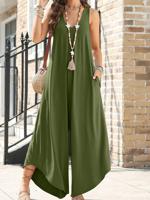 Plain Regular Fit Crew Neck Casual Jumpsuit