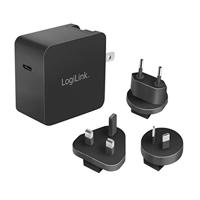 LogiLink GaN (Galliumnitrid) USB-snellaad-reisadapter 65 W, PD3.0 + QC3.0, met adapters voor de VS, Canada, Europa, Australië en vele andere landen/regio's