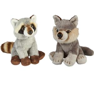 Bosdieren zachte pluche knuffels 2x stuks - Wasbeer en Wolf van 15 cm