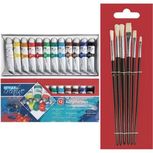 Toppoint set van 12 tubes acrylverf voor kinderen met 6 schilder penselen   -