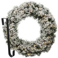 Kerstkrans 60 cm - groen met led - besneeuwd - met hanger/ophanghaak - thumbnail