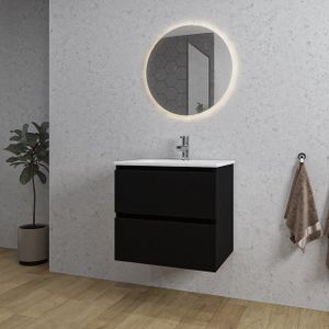 Adema Chaci Badkamermeubelset - 60x46x57cm - 1 keramische wasbak wit - 1 kraangat - 2 lades - ronde spiegel met verlichting - mat zwart SW718704/SW804530/SW108325