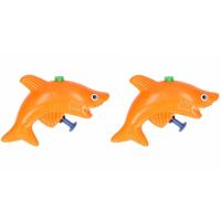 2x Stuks Haai Waterpistolen Oranje 9 Cm - Kunststof Waterspeelgoed Voor Kinderen