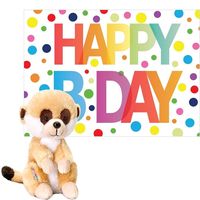 Pluche dieren knuffel stokstaartje 14 cm met Happy Birthday wenskaart