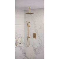 Regendoucheset 42 Inbouw Plafond Brauer Gold Edition 30cm Rond Geborsteld Goud PVD 2 Greeps 3-weg met Thermostaatkraan Glijstang en Staafhanddouche
