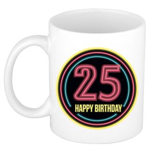 Verjaardag mok / beker - happy birthday 25 jaar - neon - 300 ml - verjaardagscadeau