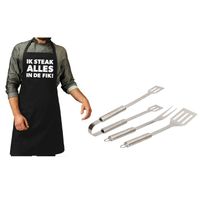 Barbecue/bbq gereedschap 3-delige set 33 cm van RVS met zwart schort Ik steak alles in de fik!