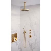 Regendoucheset 4 Inbouw Plafond Brauer Gold Edition 30cm Rond Geborsteld Goud PVD 3 Greeps Thermostaatkraan en Staafhanddouche