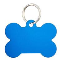 Hondenpenning in botvorm, aluminium, blauw, incl. dubbelzijdige wensgravure 4 x 3 cm.