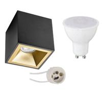 Opbouwspot Set - Aigi - Pragmi Cliron Pro - GU10 Fitting - Opbouw Vierkant - Mat Zwart/Goud - 8W - Warm Wit 3000K -