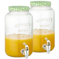 Set van 2x stuks glazen drankdispensers/limonadetap met groen/wit geblokte dop 3,5 liter - thumbnail