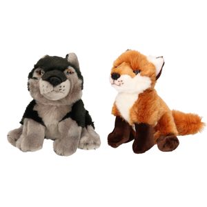 Bosdieren zachte pluche knuffels 2x stuks - Wolf en Vos van 18 cm