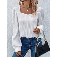 Dames Blouse Effen Kleur Met ruches Dagelijks Stijlvol Casual Lange mouw Vierkante hals Wit Lente Herfst Lightinthebox - thumbnail