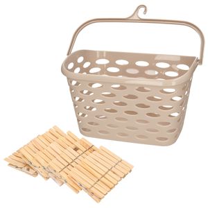 Wasknijpersmandje met haak - beige - en 100x houten wasknijpers 7 cm