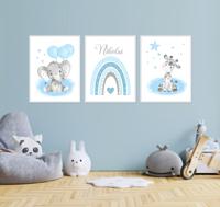 Posters - Regenboog en dier op de wolken / Blauw / Gepersonaliseerd / Set van 3