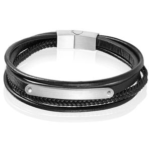 Mendes Heren Armband Zwart Leer Edelstaal ID Graveerplaat Zilverkleurig-19cm