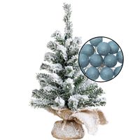 Mini kerstboom besneeuwd - incl. lichtsnoer bollen blauw - H45 cm