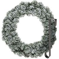 Kerstkrans 60 cm - groen - besneeuwd - met zwarte hanger/ophanghaak - kerstversiering - thumbnail