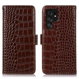 Crocodile Series Samsung Galaxy S23 Ultra 5G Wallet Leren Hoesje met RFID - Bruin