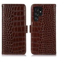 Crocodile Series Samsung Galaxy S23 Ultra 5G Wallet Leren Hoesje met RFID - Bruin