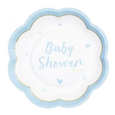 Feest/babyshower bordjes - geboorte - 8x - blauw - bloem vorm - papier/karton - 20 cm